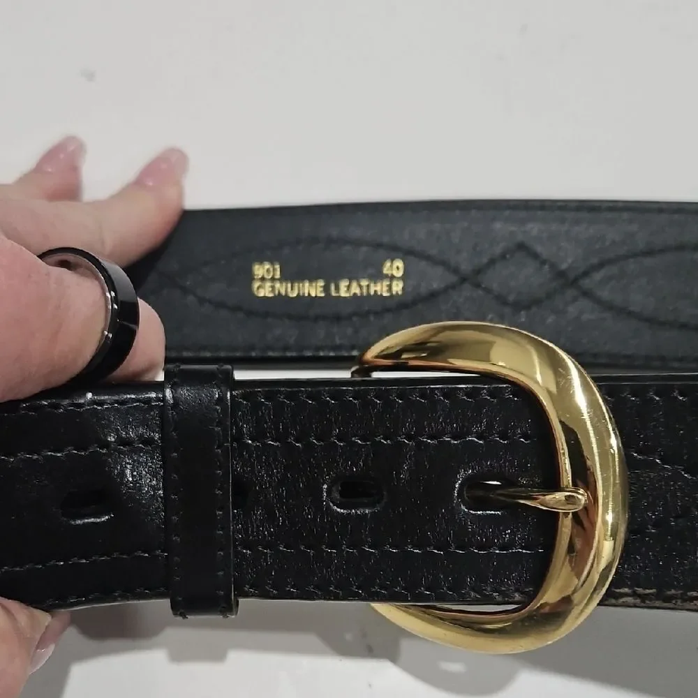 Elegant Black Leather Belt with Gold Buckle